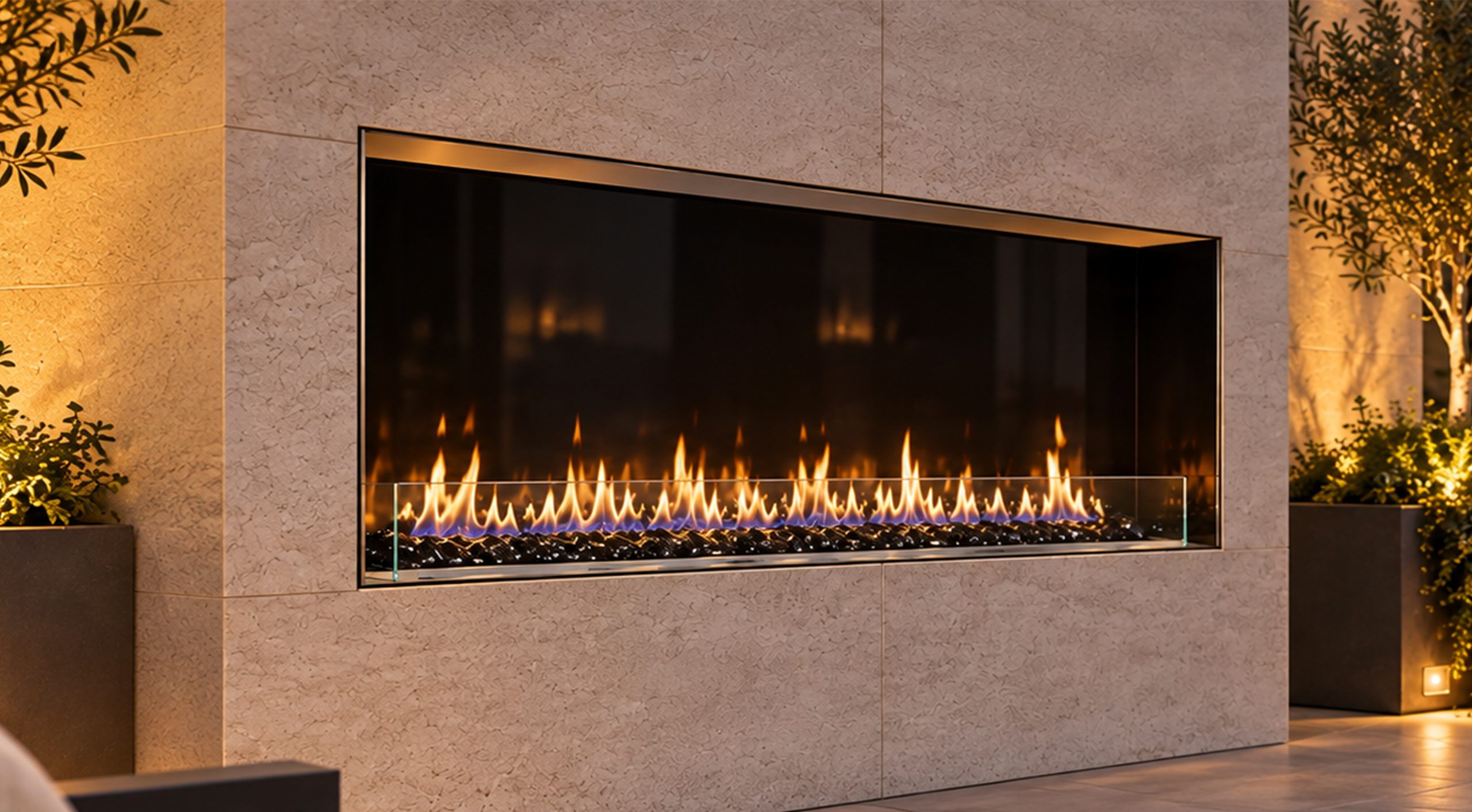 Left-angle view of a 70-inch by 24-inch outdoor vent-free linear gas fireplace with reflective black glass interior and black fire glass