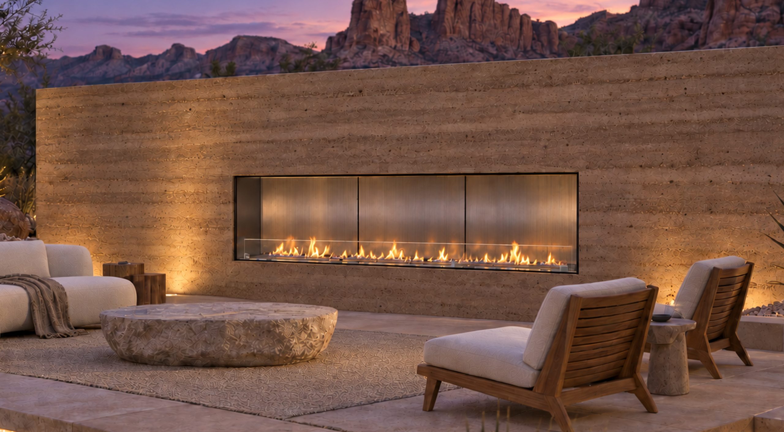 Angled view of the VFF80H outdoor fireplace set into a rammed earth wall, with ivory seating and red-rock formations at dusk.