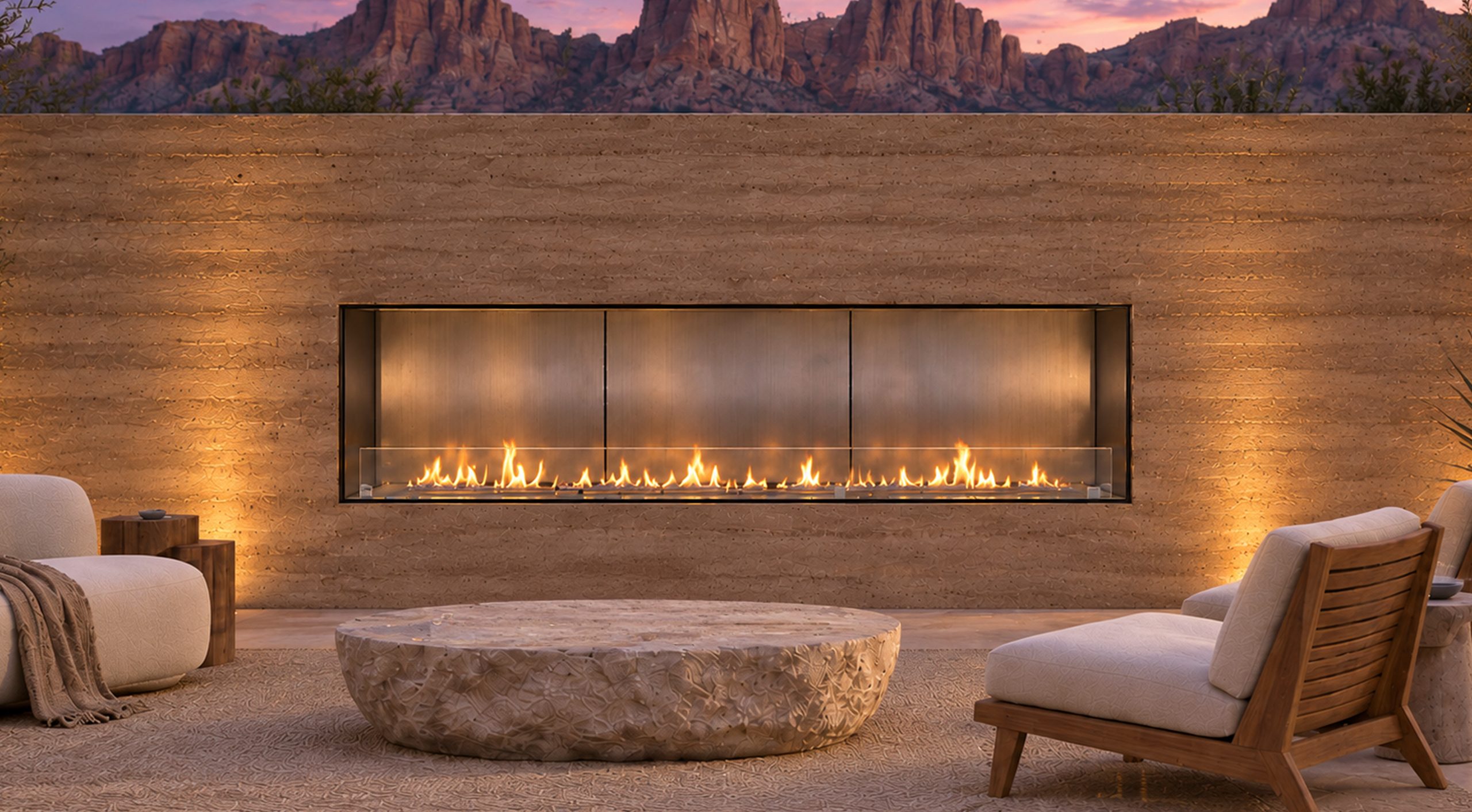 Front view of the VFF80H outdoor fireplace with stainless steel interior and glass wind guard in a desert courtyard at dusk.