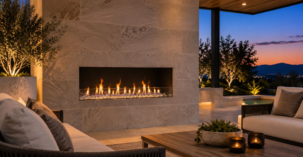 Flare-VFF-50 50-inch outdoor vent-free gas fireplace burning in a limestone patio feature wall at dusk