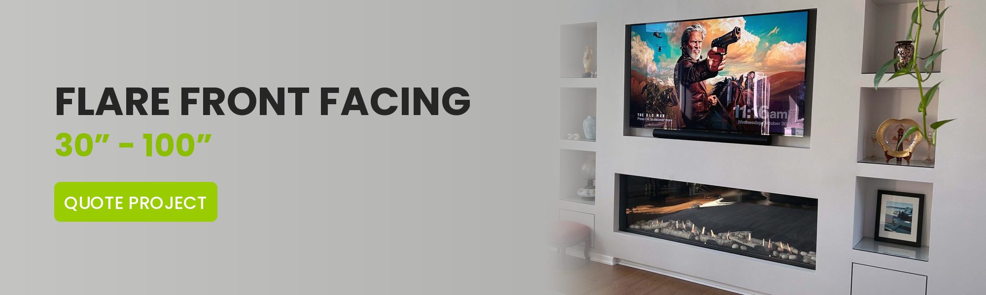 80-inch front-facing modern linear gas fireplace built into a white media wall below a wall-mounted TV.