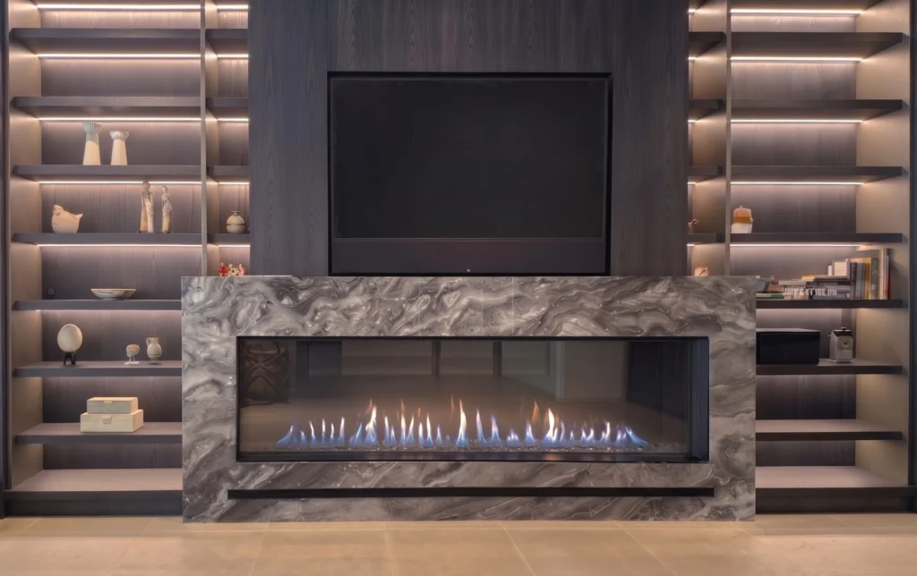 Flare Front Facing 100 inch linear gas fireplace with Double Glass