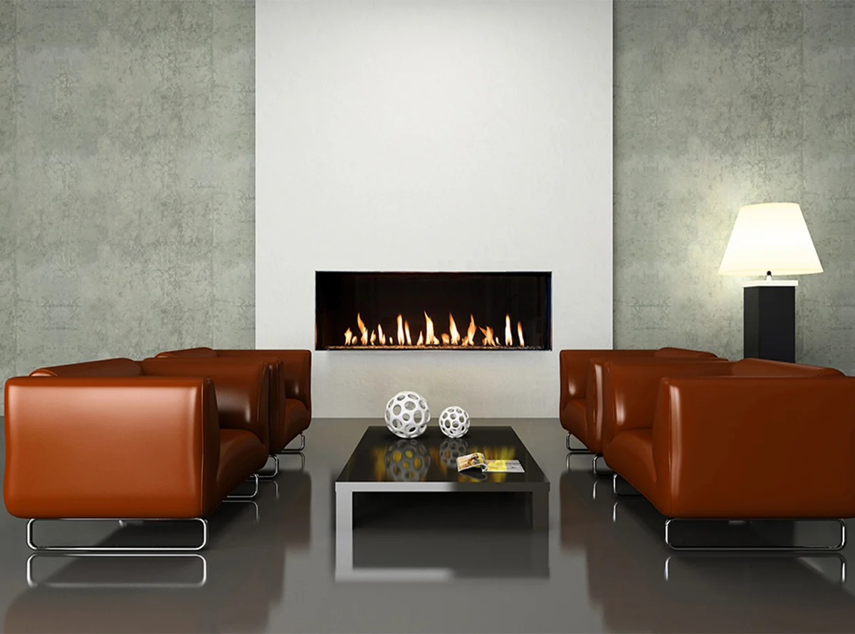 Modern living room with sleek wall-mounted frameless Flare Fireplace 50" gas fireplace, brown leather armchairs, and minimalistic decor. FLARE-FF-50