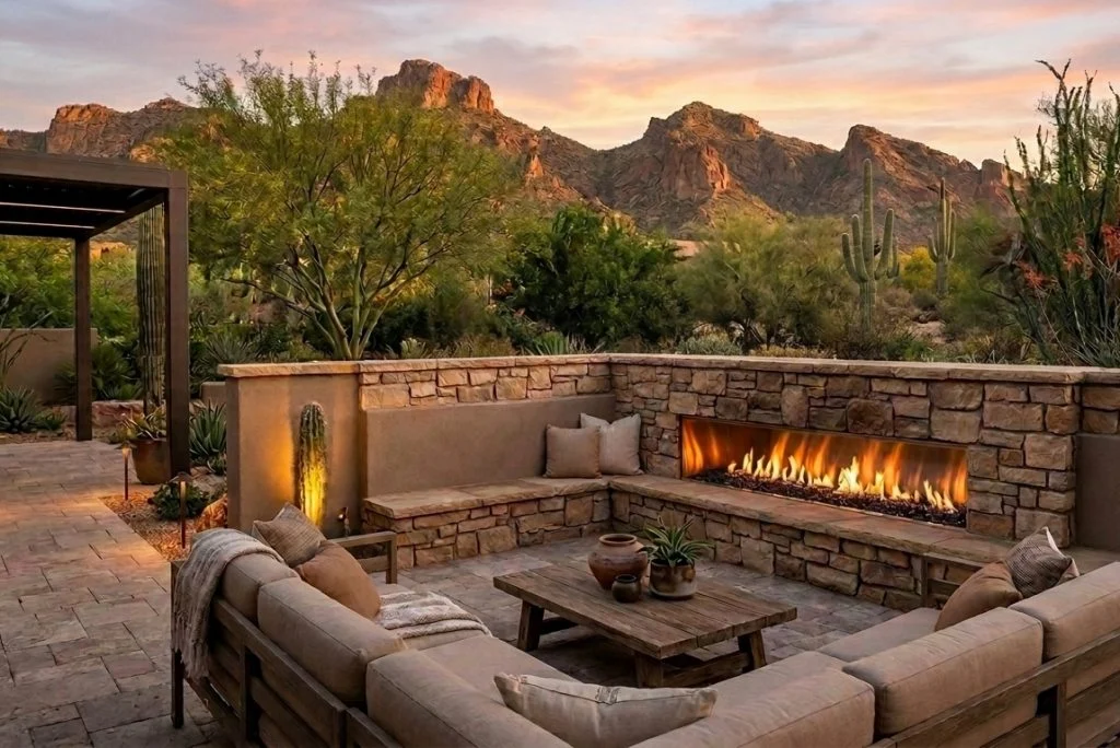Flare VFF70 outdoor gas fireplace in a luxury backyard patio and pool setting