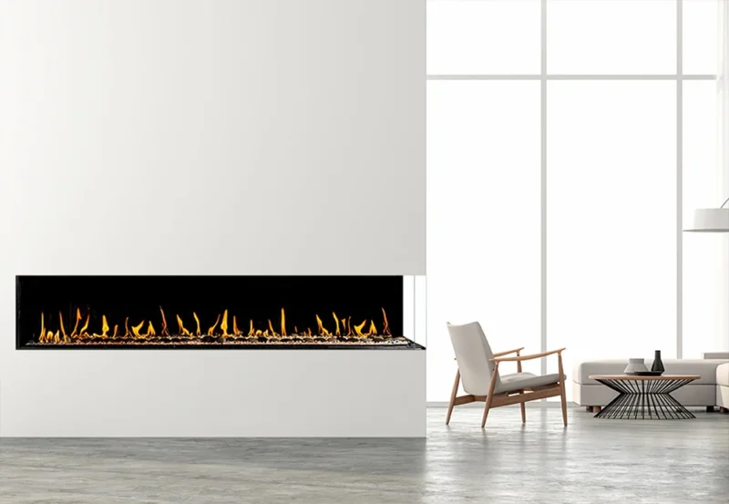 Minimalist living space with a sleek linear Flare Right Corner 80" Fireplace and floor-to-ceiling windows. RC-80